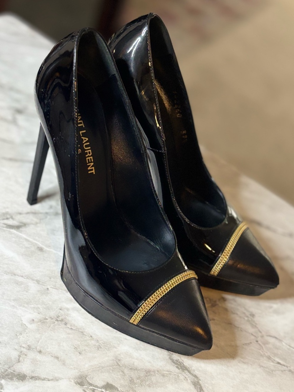 Saint Laurent Black Patent Leather Pointed Toe Pumps w/ Gold Chain Trim Sz 37.5